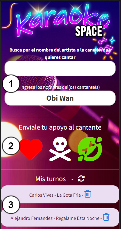 Pantalla del celular para buscar canciones y pedir turno